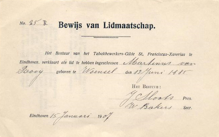 Lidmaatschapbewijs van Martinus van Rooij